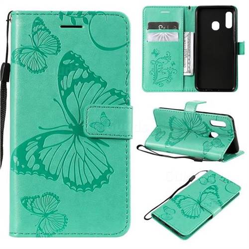 Embossing 3D Butterfly Leather Wallet Case for Samsung Galaxy A20e - Green