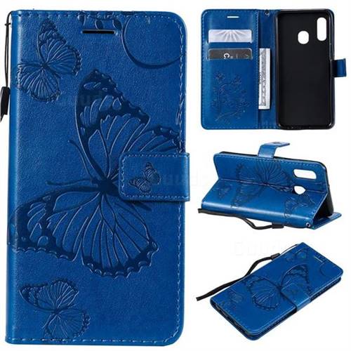 Embossing 3D Butterfly Leather Wallet Case for Samsung Galaxy A20e - Blue