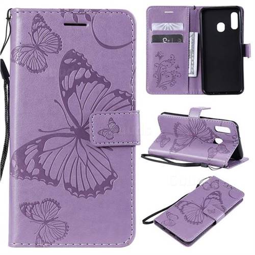 Embossing 3D Butterfly Leather Wallet Case for Samsung Galaxy A20e - Purple