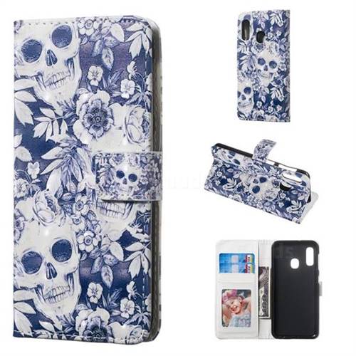 Skull Flower 3D Painted Leather Phone Wallet Case for Samsung Galaxy A20e