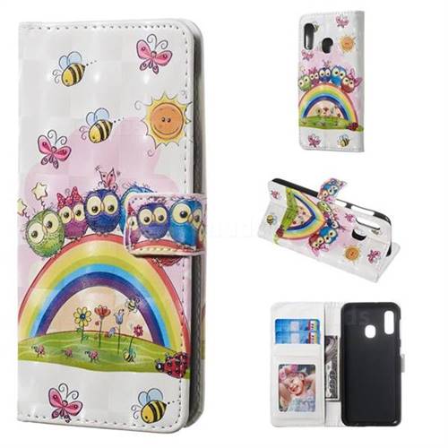 Rainbow Owl Family 3D Painted Leather Phone Wallet Case for Samsung Galaxy A20e