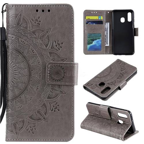 Intricate Embossing Datura Leather Wallet Case for Samsung Galaxy A20e - Gray