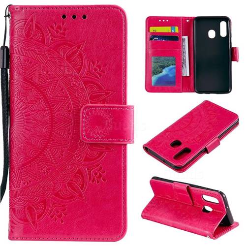 Intricate Embossing Datura Leather Wallet Case for Samsung Galaxy A20e - Rose Red