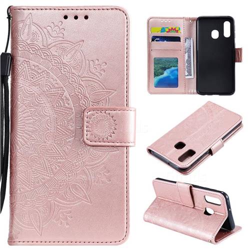 Intricate Embossing Datura Leather Wallet Case for Samsung Galaxy A20e - Rose Gold