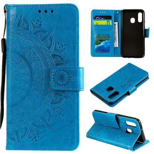 Intricate Embossing Datura Leather Wallet Case for Samsung Galaxy A20e - Blue