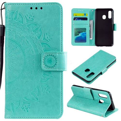 Intricate Embossing Datura Leather Wallet Case for Samsung Galaxy A20e - Mint Green