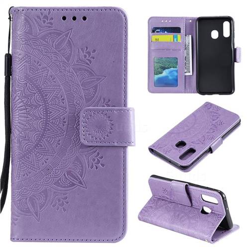 Intricate Embossing Datura Leather Wallet Case for Samsung Galaxy A20e - Purple