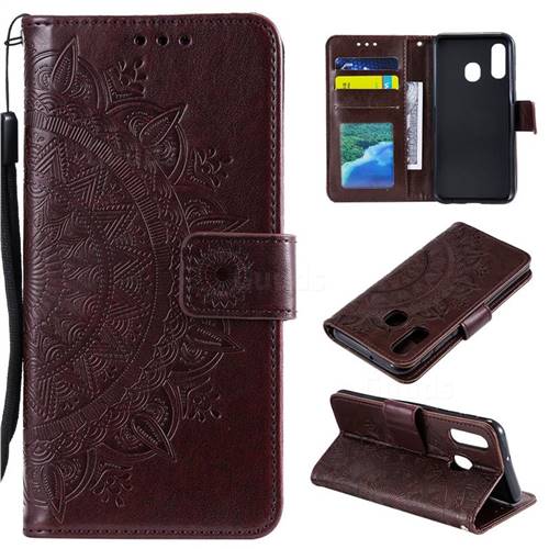 Intricate Embossing Datura Leather Wallet Case for Samsung Galaxy A20e - Brown