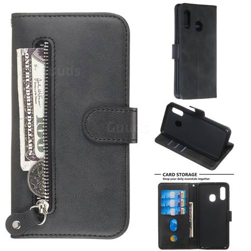 Retro Luxury Zipper Leather Phone Wallet Case for Samsung Galaxy A20e - Black