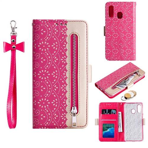 Luxury Lace Zipper Stitching Leather Phone Wallet Case for Samsung Galaxy A20e - Rose