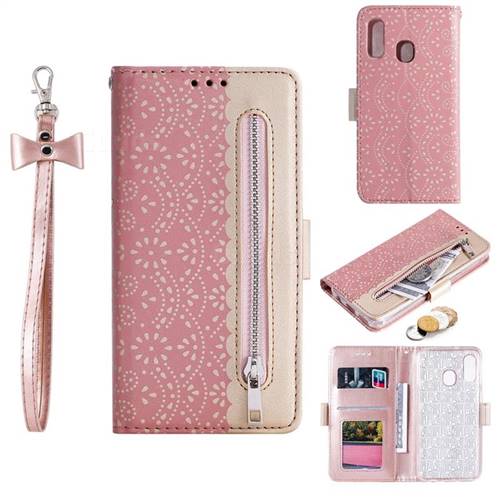 Luxury Lace Zipper Stitching Leather Phone Wallet Case for Samsung Galaxy A20e - Pink