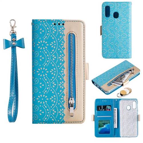 Luxury Lace Zipper Stitching Leather Phone Wallet Case for Samsung Galaxy A20e - Blue