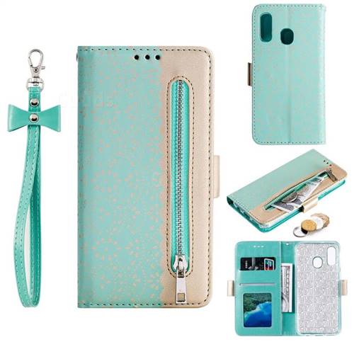 Luxury Lace Zipper Stitching Leather Phone Wallet Case for Samsung Galaxy A20e - Green