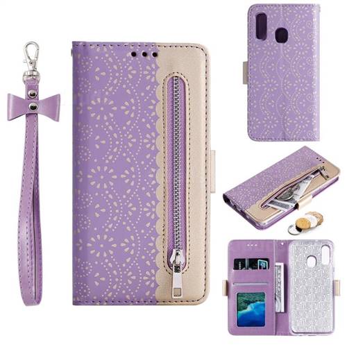 Luxury Lace Zipper Stitching Leather Phone Wallet Case for Samsung Galaxy A20e - Purple