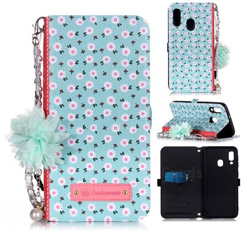 Daisy Endeavour Florid Pearl Flower Pendant Metal Strap PU Leather Wallet Case for Samsung Galaxy A20e
