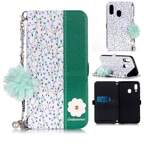 Magnolia Endeavour Florid Pearl Flower Pendant Metal Strap PU Leather Wallet Case for Samsung Galaxy A20e