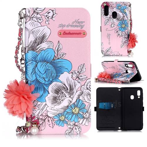 Pink Blue Rose Endeavour Florid Pearl Flower Pendant Metal Strap PU Leather Wallet Case for Samsung Galaxy A20e
