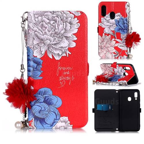 Red Chrysanthemum Endeavour Florid Pearl Flower Pendant Metal Strap PU Leather Wallet Case for Samsung Galaxy A20e
