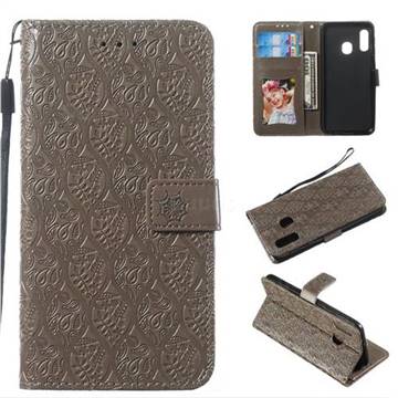 Intricate Embossing Rattan Flower Leather Wallet Case for Samsung Galaxy A20e - Grey