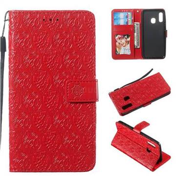 Intricate Embossing Rattan Flower Leather Wallet Case for Samsung Galaxy A20e - Red