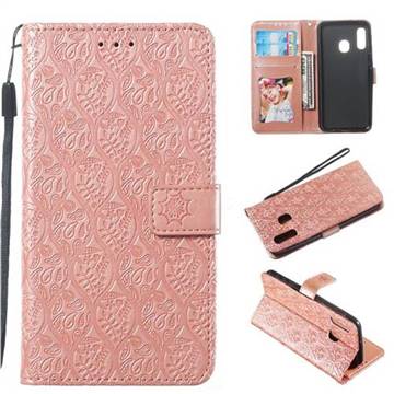 Intricate Embossing Rattan Flower Leather Wallet Case for Samsung Galaxy A20e - Pink