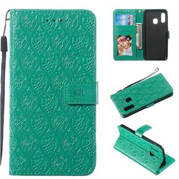 Intricate Embossing Rattan Flower Leather Wallet Case for Samsung Galaxy A20e - Green