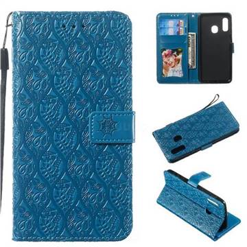 Intricate Embossing Rattan Flower Leather Wallet Case for Samsung Galaxy A20e - Blue