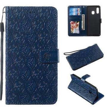 Intricate Embossing Rattan Flower Leather Wallet Case for Samsung Galaxy A20e - Navy