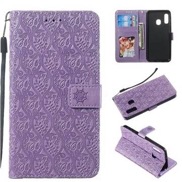 Intricate Embossing Rattan Flower Leather Wallet Case for Samsung Galaxy A20e - Purple