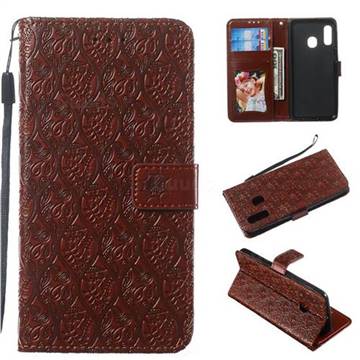 Intricate Embossing Rattan Flower Leather Wallet Case for Samsung Galaxy A20e - Brown