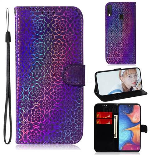 Laser Circle Shining Leather Wallet Phone Case for Samsung Galaxy A20e - Purple