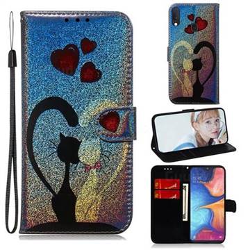 Love Cat Laser Shining Leather Wallet Phone Case for Samsung Galaxy A20e