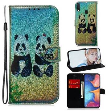 Two Pandas Laser Shining Leather Wallet Phone Case for Samsung Galaxy A20e