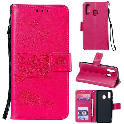 Embossing Owl Couple Flower Leather Wallet Case for Samsung Galaxy A20e - Red