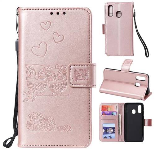 Embossing Owl Couple Flower Leather Wallet Case for Samsung Galaxy A20e - Rose Gold