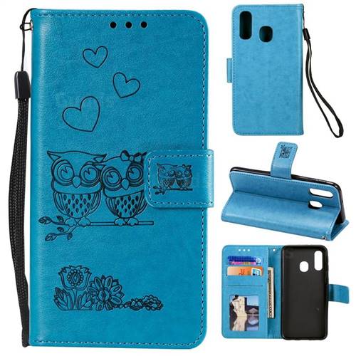 Embossing Owl Couple Flower Leather Wallet Case for Samsung Galaxy A20e - Blue