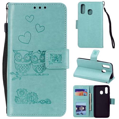 Embossing Owl Couple Flower Leather Wallet Case for Samsung Galaxy A20e - Green