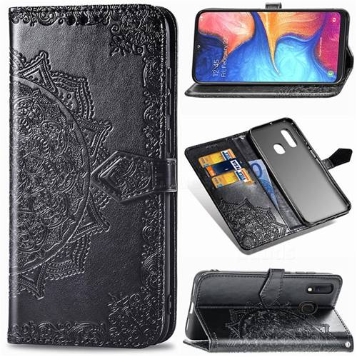 Embossing Imprint Mandala Flower Leather Wallet Case for Samsung Galaxy A20e - Black