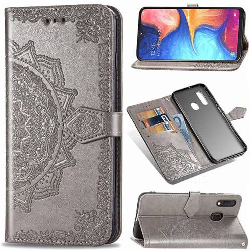 Embossing Imprint Mandala Flower Leather Wallet Case for Samsung Galaxy A20e - Gray