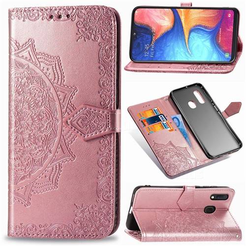 Embossing Imprint Mandala Flower Leather Wallet Case for Samsung Galaxy A20e - Rose Gold