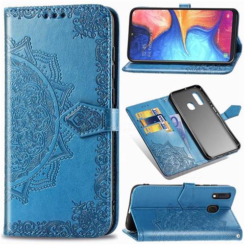 Embossing Imprint Mandala Flower Leather Wallet Case for Samsung Galaxy A20e - Blue