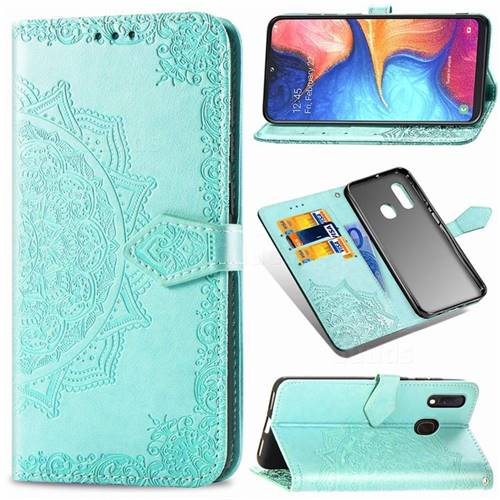 Embossing Imprint Mandala Flower Leather Wallet Case for Samsung Galaxy A20e - Green