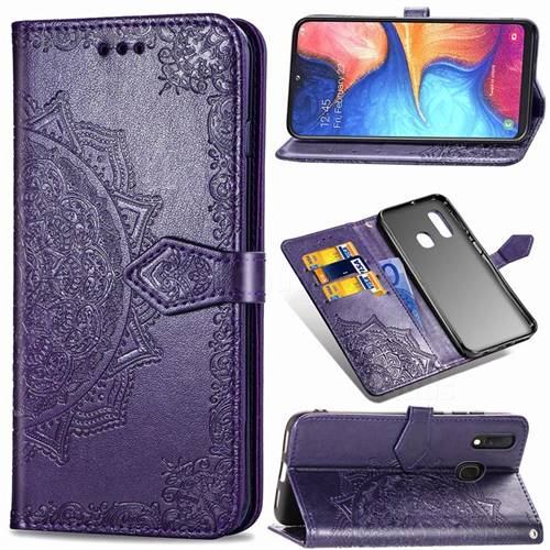 Embossing Imprint Mandala Flower Leather Wallet Case for Samsung Galaxy A20e - Purple