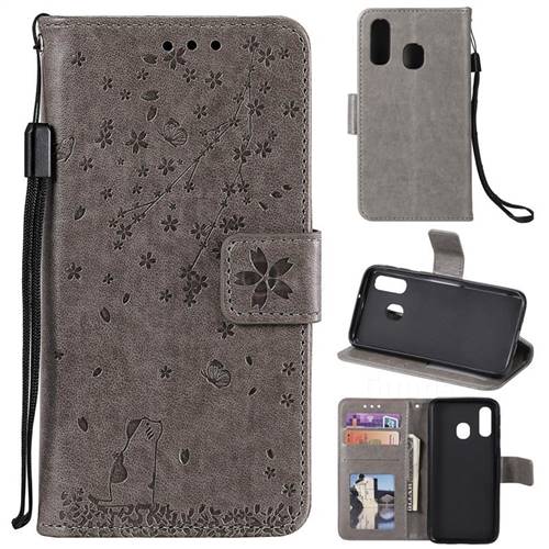 Embossing Cherry Blossom Cat Leather Wallet Case for Samsung Galaxy A20e - Gray