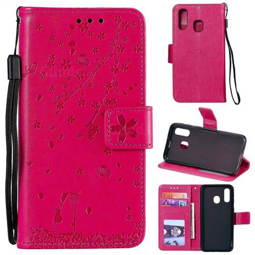 Embossing Cherry Blossom Cat Leather Wallet Case for Samsung Galaxy A20e - Rose