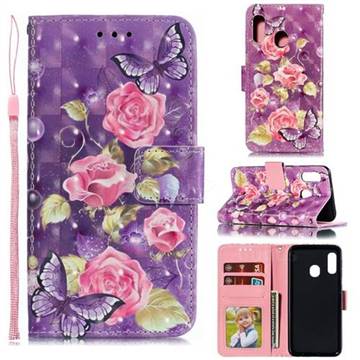 Purple Butterfly Flower 3D Painted Leather Phone Wallet Case for Samsung Galaxy A20e