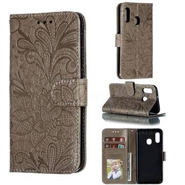 Intricate Embossing Lace Jasmine Flower Leather Wallet Case for Samsung Galaxy A20e - Gray