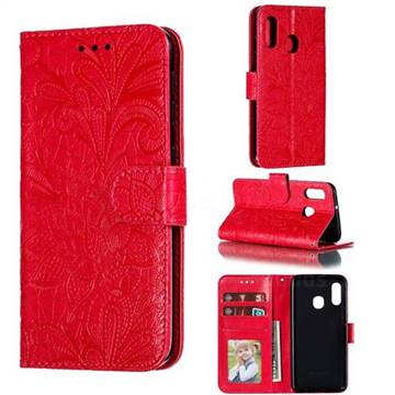 Intricate Embossing Lace Jasmine Flower Leather Wallet Case for Samsung Galaxy A20e - Red