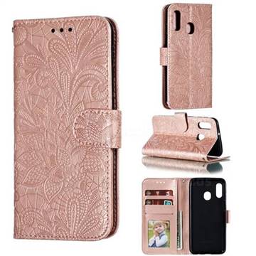 Intricate Embossing Lace Jasmine Flower Leather Wallet Case for Samsung Galaxy A20e - Rose Gold