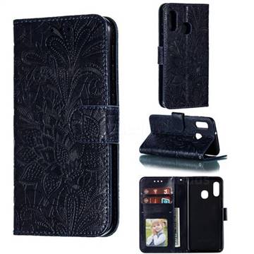 Intricate Embossing Lace Jasmine Flower Leather Wallet Case for Samsung Galaxy A20e - Dark Blue